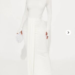 NWT FASHION NOVA Biat Neck White Maxi Ruched Drape Detail Dress Sz XL